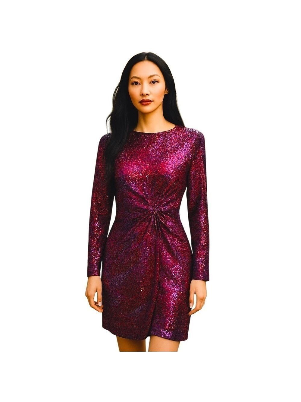 Josef midi dress long sleeve ruched waistline pink purple abstract size S